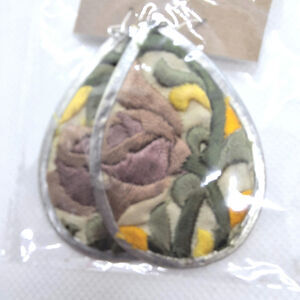 Embroidered Flower Teardrop Earring Brown Green Silver Tone Fishhook Ear Wires